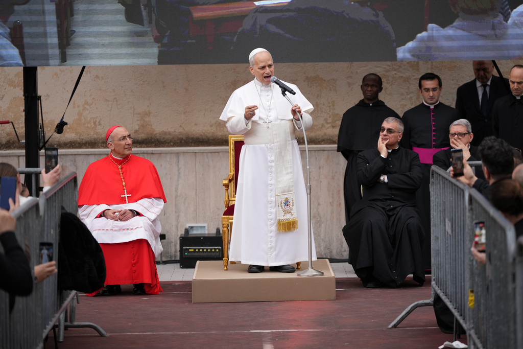 Pope Leo XIV visits the parish complex of Sacro Cuore di Gesu in Ponte Mammolo on the outskirts of Rome, Sunday, March 15, 2026. (AP Photo/Andrew Medichini)