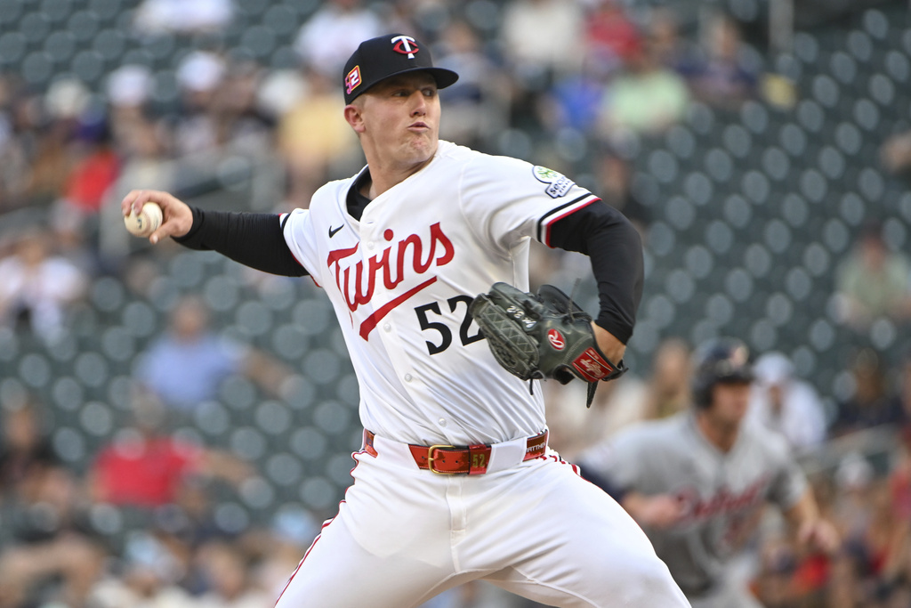 Minnesota Twins pitcher Zebby Matthews throws against the Detroit Tigers during the first inning of a baseball game Saturday, Aug. 16, 2025, in Minneapolis. (AP Photo/Craig Lassig)