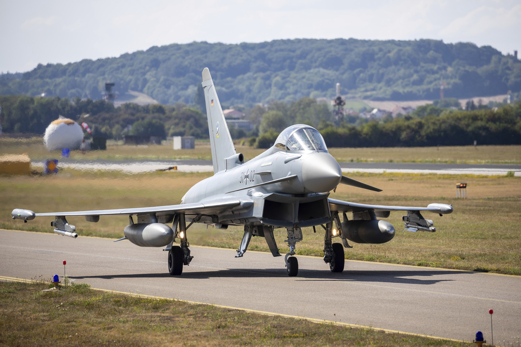 FILE - A German Eurofighter gets ready for takeoff at Neuburg Air Base in Neuburg An Der Donau, Germany, Monday Aug. 15, 2022. (Daniel Karmann/dpa via AP, File)