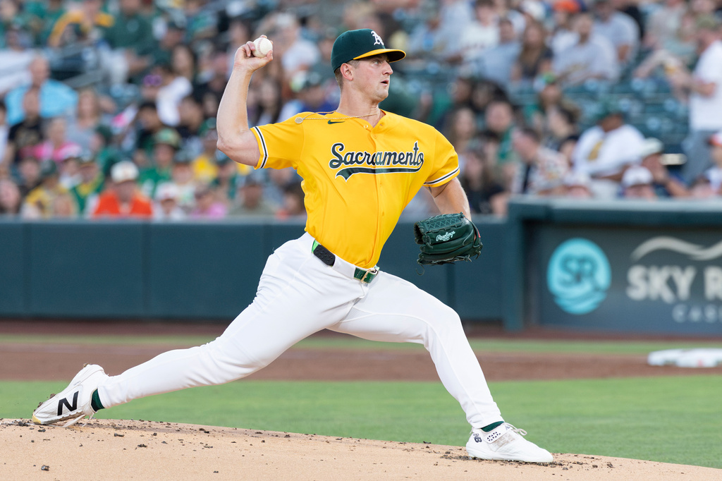 Athletics pitcher Jack Perkins throws to the Baltimore Orioles during the second inning of a baseball game Saturday, Aug. 29, 2026, in West Sacramento, Calif. (AP Photo/Sara Nevis)