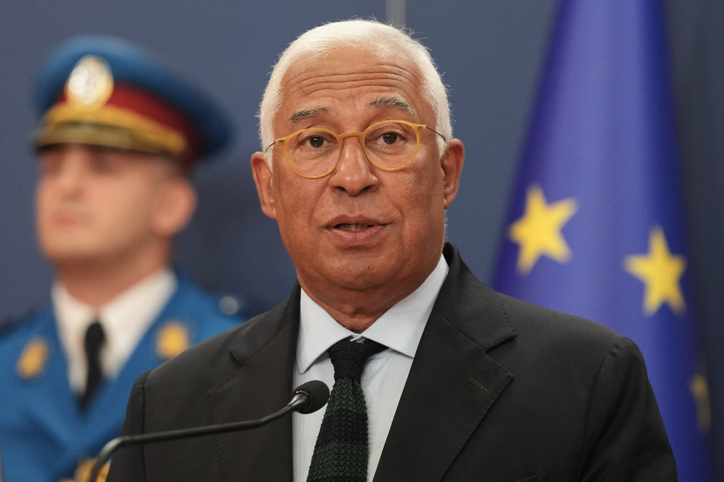 European Council President Antonio Costa speaks during a news conference with Serbian President Aleksandar Vucic at the Serbia Palace at the Serbia Palace in Belgrade, Serbia, Thursday, June 4, 2026. (AP Photo/Darko Vojinovic)
