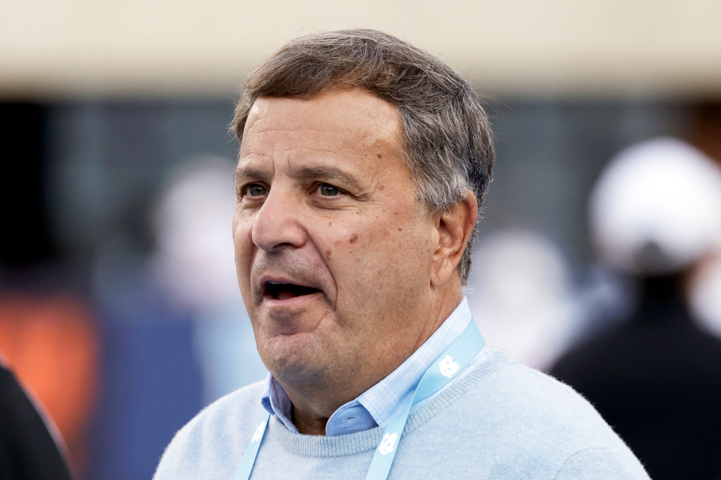 FILE - North Carolina general manager Michael Lombardi on the sidelines before an NCAA college football game Saturday, against Stanford, Nov. 8, 2025, in Chapel Hill, N.C. (AP Photo/Chris Seward, file)