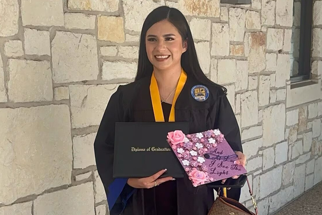 In this undated photo provided by her attorney, Todd Pomerleau, in January 2025, Any Lucia Lopez Belloza celebrates her high school graduation in Texas. (Any Lucia Lopez Belloza's attorney via AP)