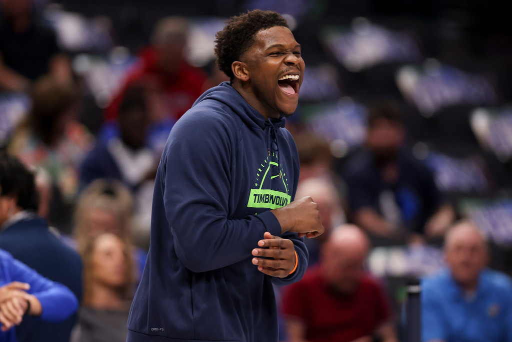 Minnesota Timberwolves guard Anthony Edwards (5) warms up before an NBA basketball game against the Dallas Mavericks Monday, March 30, 2026, in Dallas. (AP Photo/Gareth Patterson)