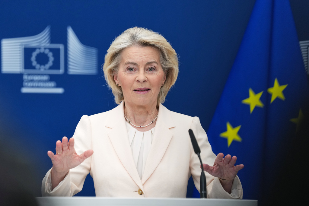European Commission President Ursula von der Leyen speaks during a media conference at EU headquarters in Brussels, Belgium, Monday, March 2, 2026. (AP Photo/Virginia Mayo)
