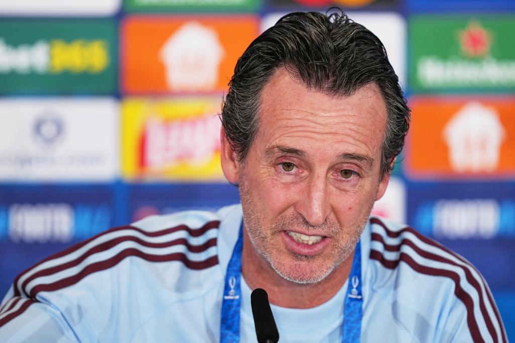 Aston Villa's head coach Unai Emery speaks during a press conference ahead of the UEFA Super Cup soccer match between Paris Saint-Germain and Aston Villa in Salzburg, Austria, Tuesday, Aug. 11, 2026. (AP Photo/Darko Vojinovic)