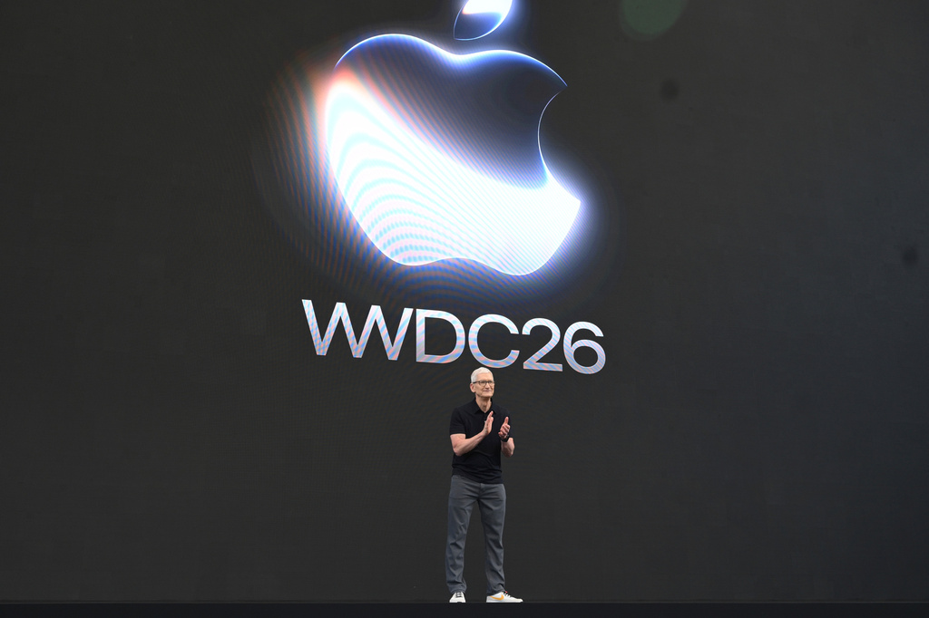 CEO Tim Cook stands on stage at the annual World Wide Developers Conference at Apple's headquarters in Cupertino, Calif., Monday, June 8, 2026. (AP Photo/Noah Berger)