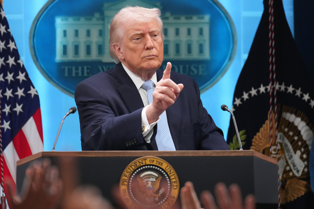 FILE - President Donald Trump speaks with reporters during a news conference in the James Brady Press Briefing Room at the White House, April 6, 2026, in Washington. (AP Photo/Mark Schiefelbein, File)