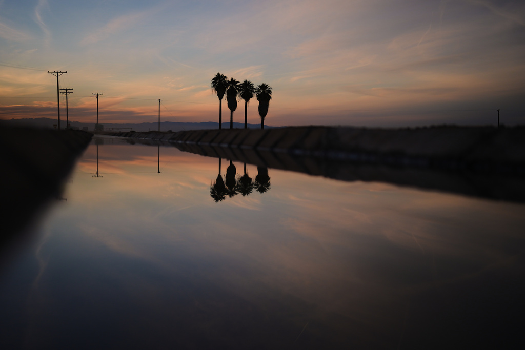 Water sits in a canal alongside irrigated fields Friday, Dec. 12, 2025, near El Centro, Calif. (AP Photo/Gregory Bull)