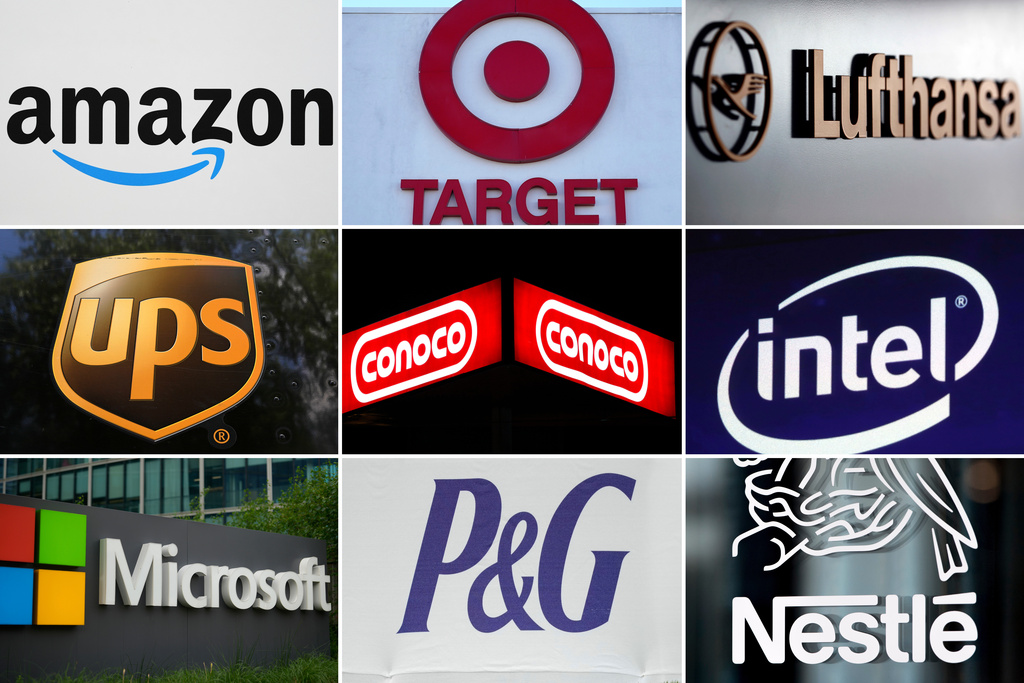 FILE - This undated combination of photos shows clockwise from top left the company logos for Amazon, Target, Lufthansa Group, UPS, ConocoPhillips, Intel, Microsoft, Procter & Gamble and Nestle. (AP Photo, File)