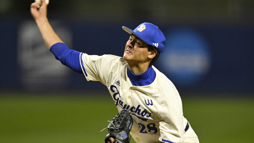 FILE - UC Santa Barbara pitcher Jackson Flora (28) throws during an NCAA college baseball baseball game, Friday, May 31, 2024 in Santa Barbara, Calif. (AP Photo/John McCoy)