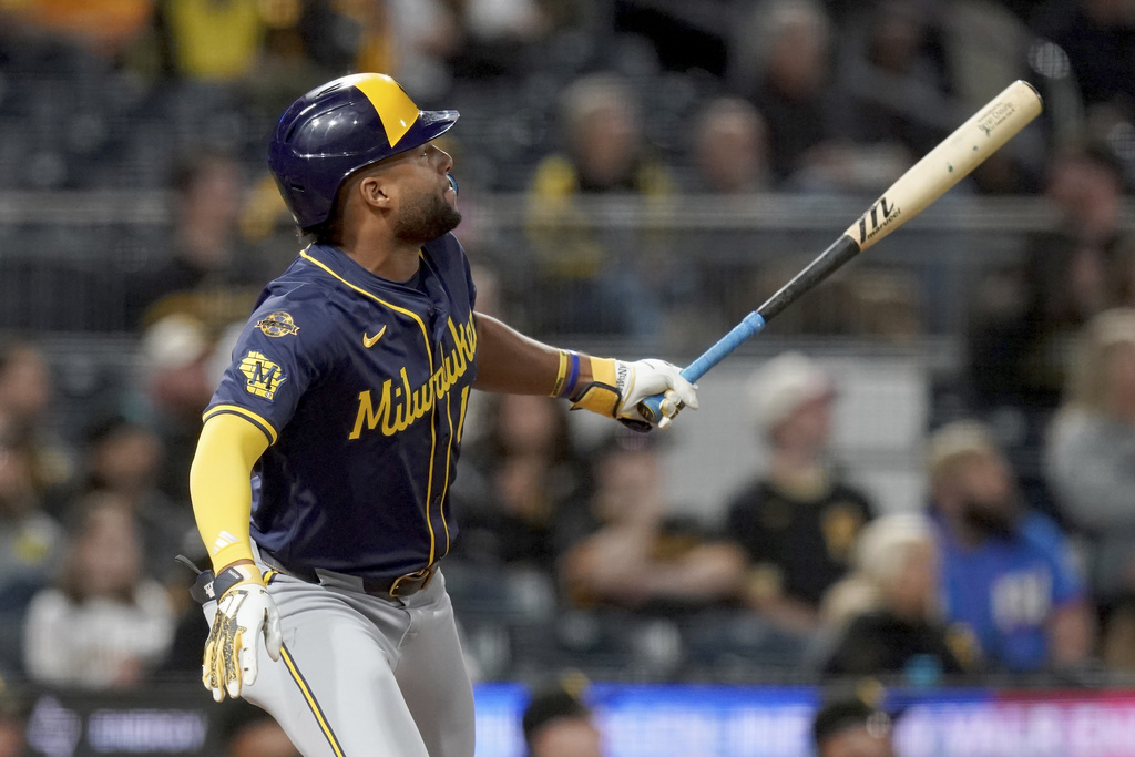 Milwaukee Brewers' Jackson Chourio watches his two-run home run during the eighth inning of a baseball game against the Pittsburgh Pirates Saturday, Sept. 6, 2025, in Pittsburgh. (AP Photo/Matt Freed)