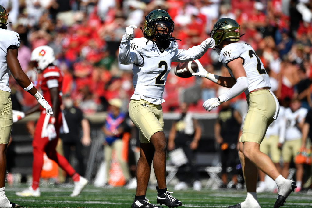 Wake Forest defensive back Brian Blades II (2) reacts as they defeat Louisville in an NCAA college football game in Louisville, Ky., Saturday, Sept. 26, 2026. (AP Photo/Timothy D. Easley)
