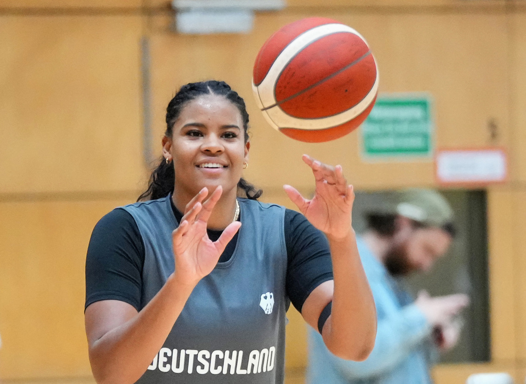 Nyara Sabally in action during a training session of team Germany in Berlin, Germany, Tuesday, Sept. 1, 2026, ahead of the FIBA Women's Basketball World Cup. (Soeren Stache/dpa via AP)