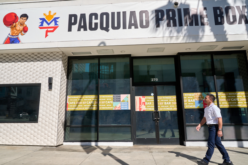 Boxer Manny Pacquiao tours "Pacquiao Prime Boxing," his newly acquired gym in Hollywood, on Monday, April 6, 2026. The facility was formerly owned by rival Floyd Mayweather Jr. (AP Photo/Damian Dovarganes)