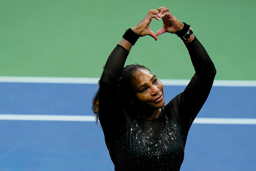 FILE - Serena Williams motions a heart to fans during the third round of the U.S. Open tennis championships, Sept. 2, 2022, in New York. (AP Photo/Frank Franklin II, file)