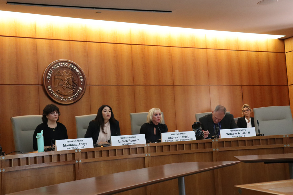 Four state legislators that make up a truth commission investigating Jeffery Epstein's activity in New Mexico present preliminary findings at the state capitol in Santa Fe, N.M. on Aug. 5, 2026. (AP Photo/Savannah Peters)