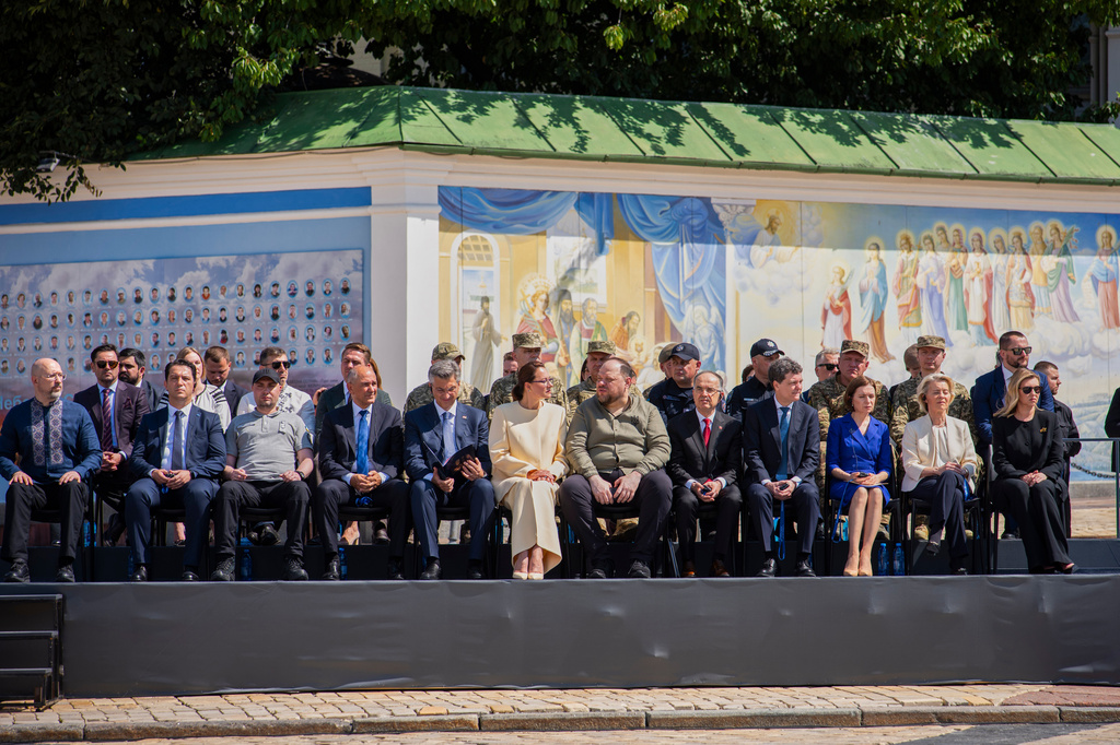 Ukrainian and EU officials attend a ceremony in Kyiv, Ukraine, Wednesday, July 15, 2026. (AP Photo/Dan Bashakov)