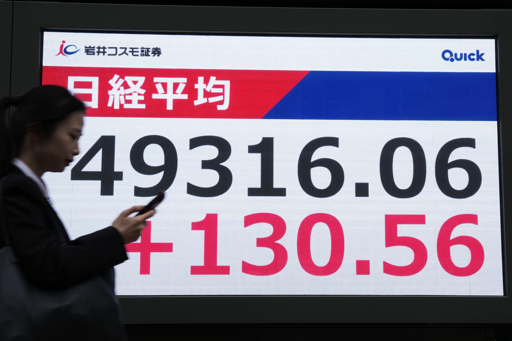 An electronic stock board shows Japan's Nikkei index at a securities firm in Tokyo Tuesday, Oct. 21, 2025. (Kazuki Kozaki/Kyodo News via AP)