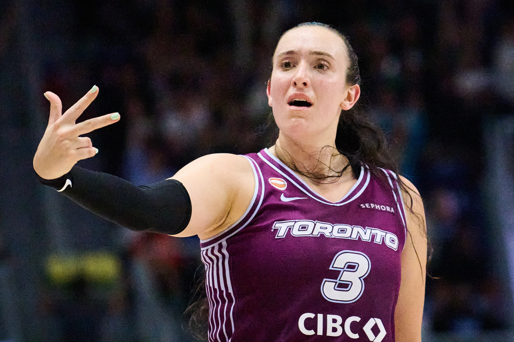 Toronto Tempo's Marina Mabrey celebrates after scoring against the Los Angeles Sparks during the first half of a WNBA basketball game in Toronto, Thursday, June 25, 2026. (Sammy Kogan/The Canadian Press via AP)