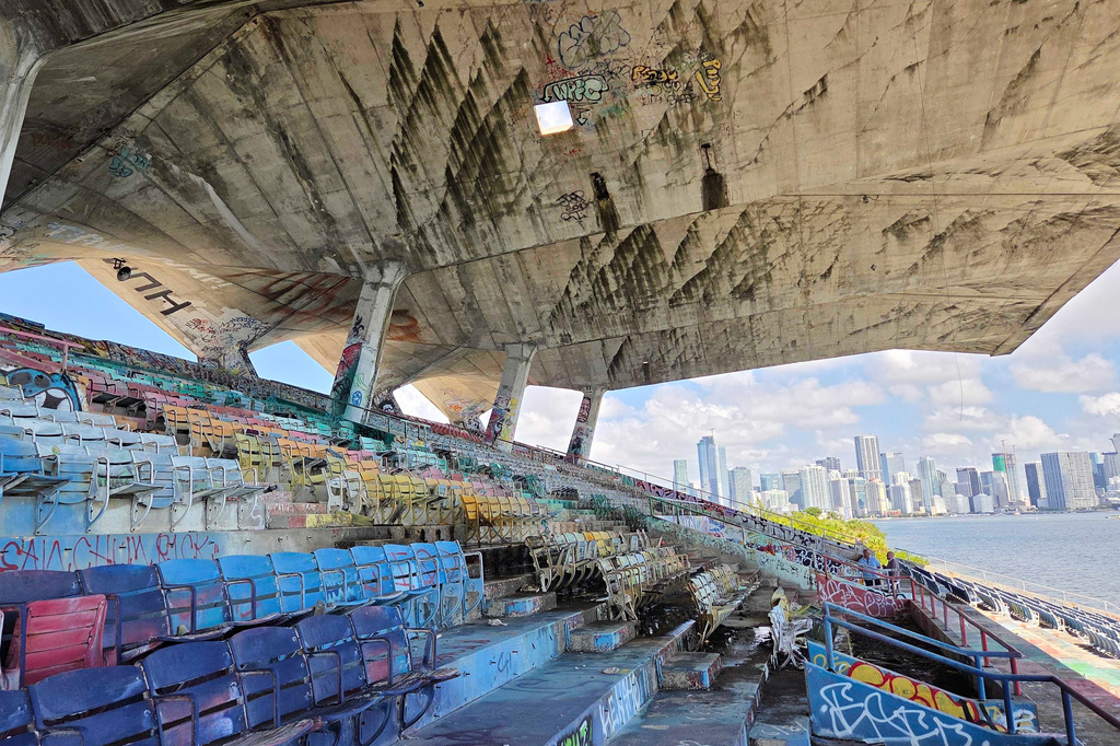 A concrete roof cantilevers over the Miami Marine Stadium on Tuesday, Aug. 11, 2026, in Miami. (AP Photo/David Fischer)