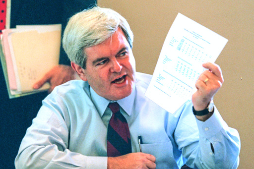 FILE - House Speaker Newt Gingrich holds a sheet of budget figures on Capitol Hill, Nov. 15, 1995, during a meeting to discuss the federal budget impasse. (AP Photo/Joe Marquette, File) FILE - House Speaker Newt Gingrich holds a sheet of budget figures on Capitol Hill, Nov. 15, 1995, during a meeting to discuss the federal budget impasse. (AP Photo/Joe Marquette, File)