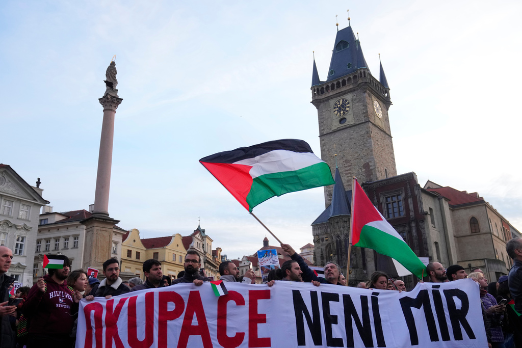 FILE - Protesters attend an rally supporting Palestinian people in Prague, Czech Republic, on Oct. 18, 2023. (AP Photo/Petr David Josek, File)