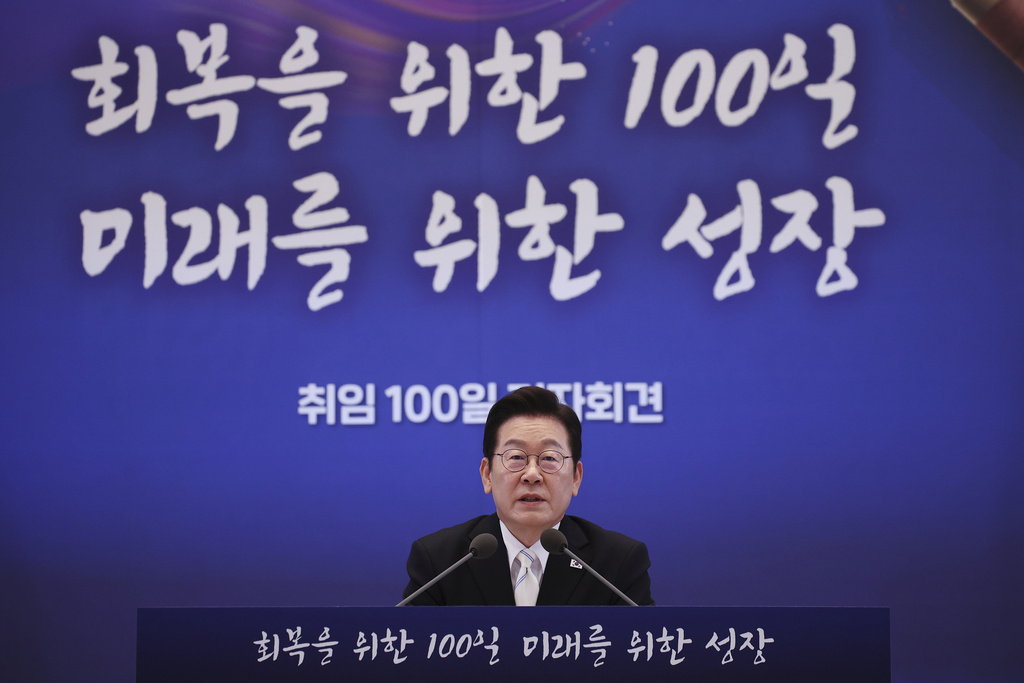 South Korean President Lee Jae Myung speaks during a news conference to mark 100 days in office at the Blue House in Seoul, South Korea, Sept, 11, 2025. (Kim Hong-Ji/Pool Photo via AP)