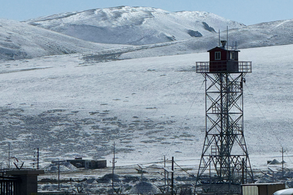 A watchtower with a CCTV camera is seen at the Korola border between Nepal and China in Mustang district, Nepal, Friday, April 18, 2025. (AP Photo/Niranjan Shrestha)