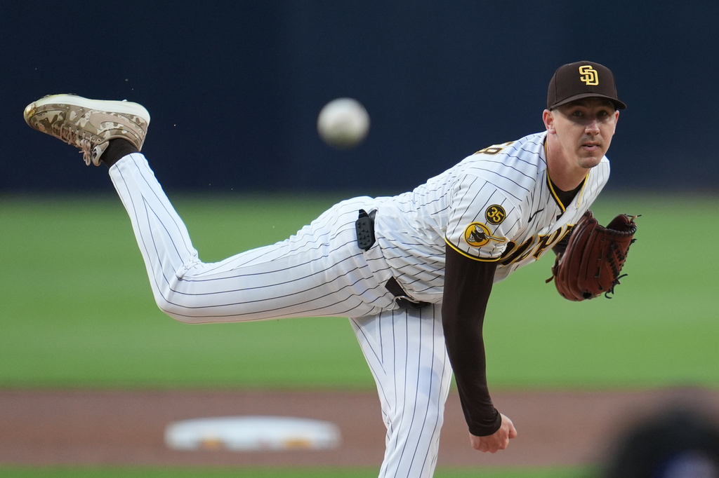 San Diego Padres starting pitcher Walker Buehler works against a Chicago Cubs batter during the first inning of a baseball game Tuesday, April 28, 2026, in San Diego. (AP Photo/Gregory Bull)