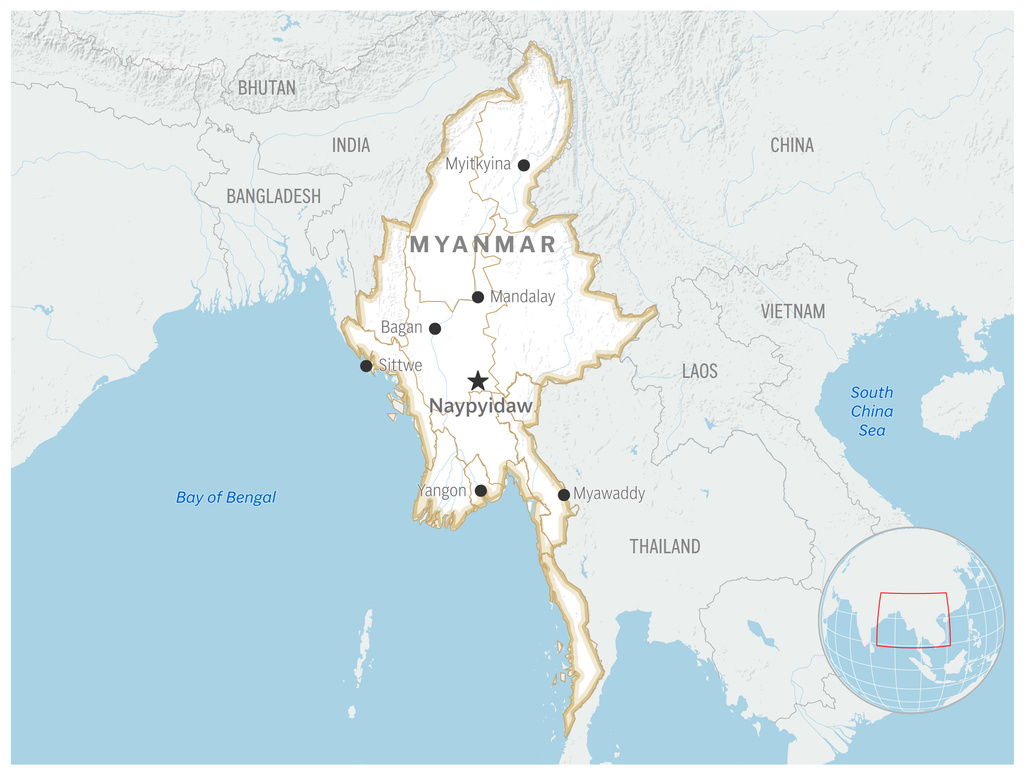 This is a locator map for Myanmar, with capital and several cities shown. (AP Photo)