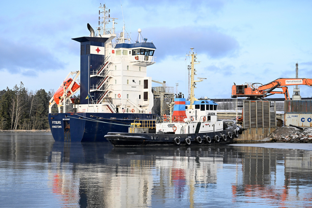 Seized vessel Fitburg in the harbor of Kirkkonummi, Finland, Thursday, Jan. 1, 2026. (Roni Rekomaa/Lehtikuva via AP)