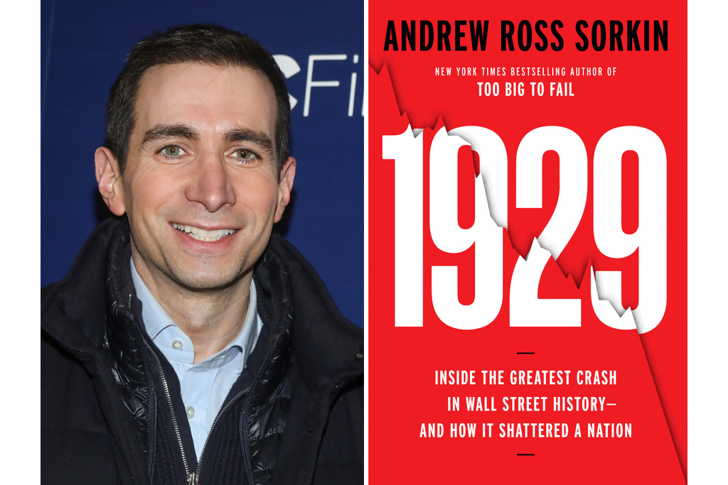 This combination of photos show author Andrew Ross Sorkin, left, and cover art for his book "1929: Inside the Greatest Crash in Wall Street History—and How It Shattered a Nation." (AP Photo, left, and Viking via AP)