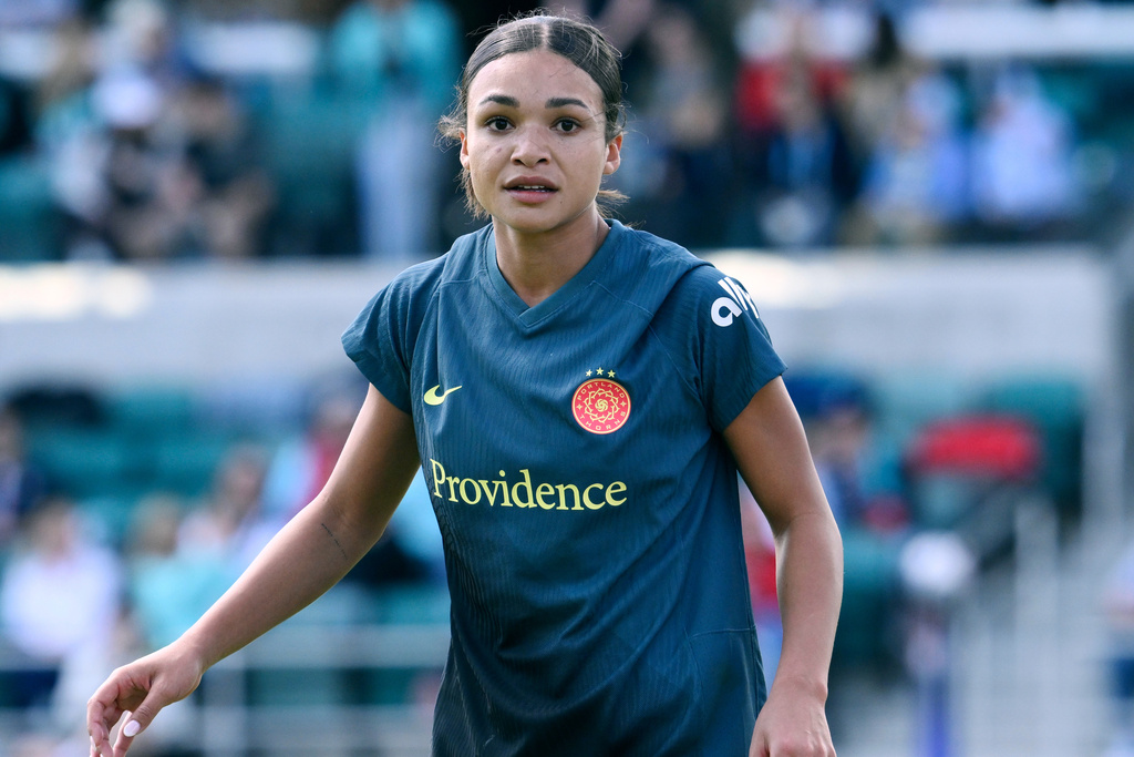 Portland Thorns FC forward Sophia Smith during an NWSL soccer match against the Kansas City Current at CPKC Stadium, Saturday, March 16, 2024, in Kansas City, Mo. (AP Photo/Reed Hoffmann)