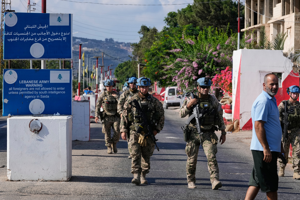 Finnish U.N. peacekeepers patrol at a Lebanese checkpoint in the southern village of Mansouri, Lebanon, Friday, Sept. 4, 2026. (AP Photo/Mohammed Zaatari)