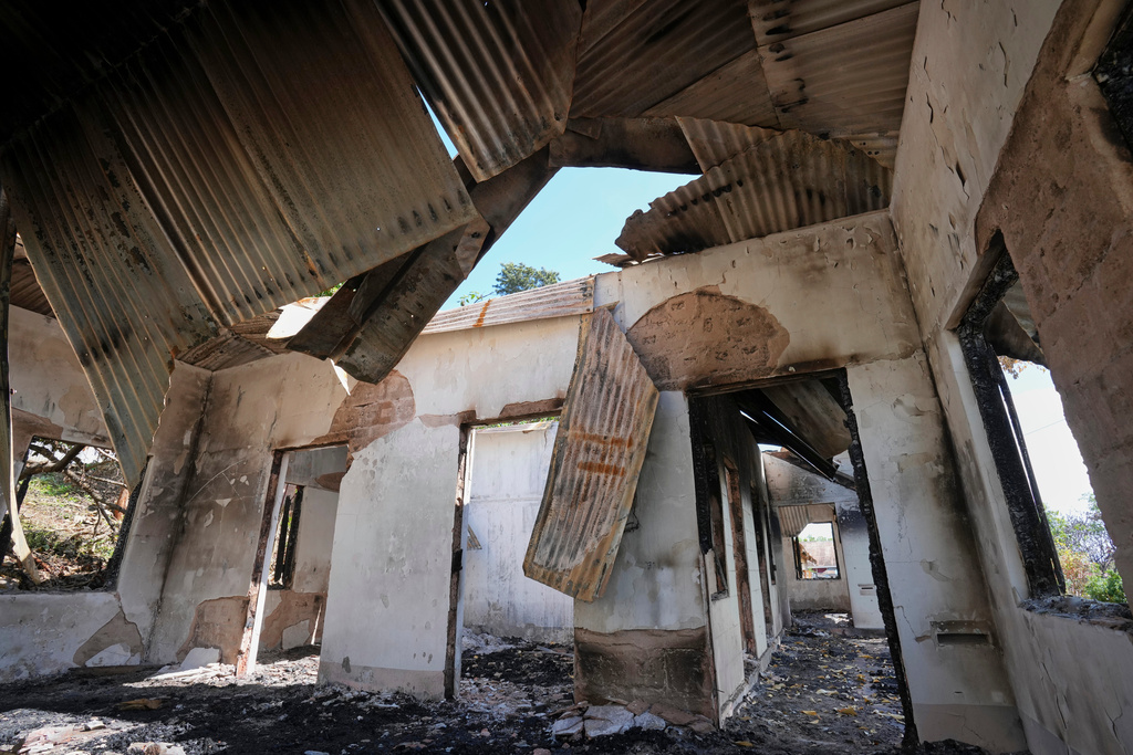 In this photo taken during a trip organised by pro-military Myanmar media, a damaged government residence is seen in Kyaukme, northern Shan State, Myanmar, Friday, Oct. 10, 2025. (AP Photo/Aung Shine Oo)