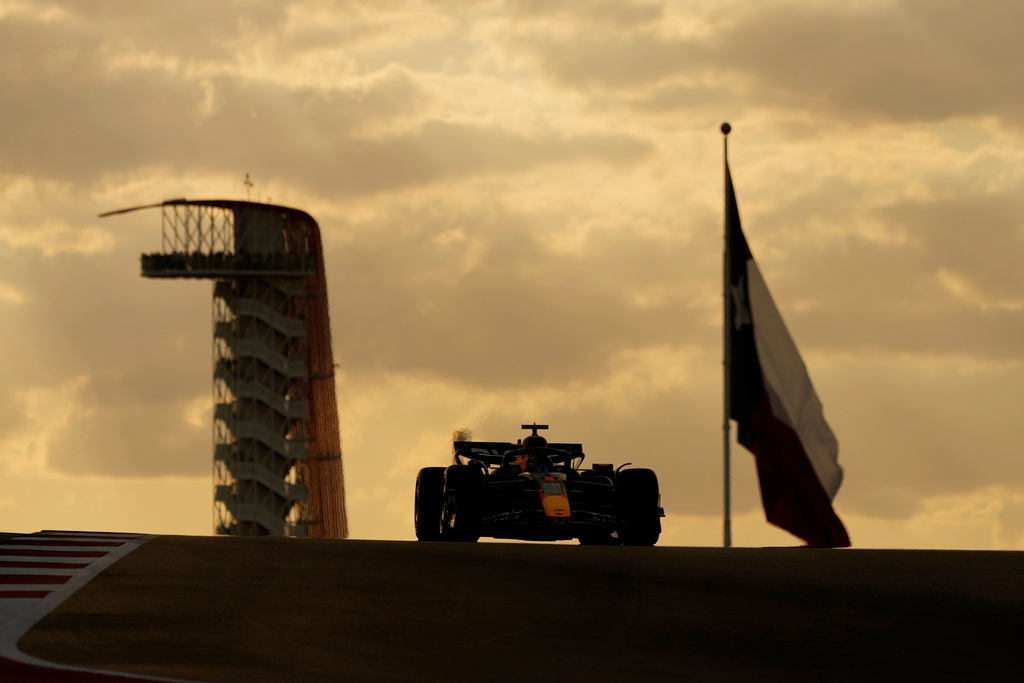 FILE - Red Bull driver Max Verstappen, of the Netherlands, tops a hill during a qualifying session for the Formula One U.S. Grand Prix auto race at Circuit of the Americas, Saturday, Oct. 19, 2024, in Austin, Texas. (AP Photo/Eric Gay, File)