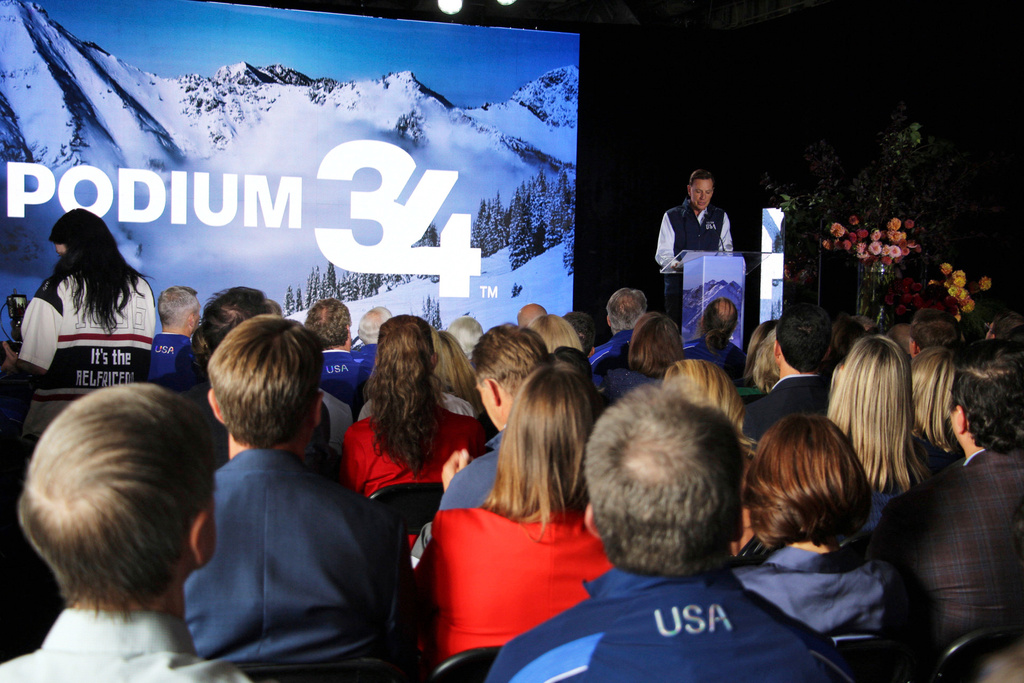 Fraser Bullock, president of Utah's organizing committee for the 2034 Winter Olympics, speaks at a fundraising event in Salt Lake City, Monday, Sept. 8, 2025. (AP Photo/Hannah Schoenbaum)
