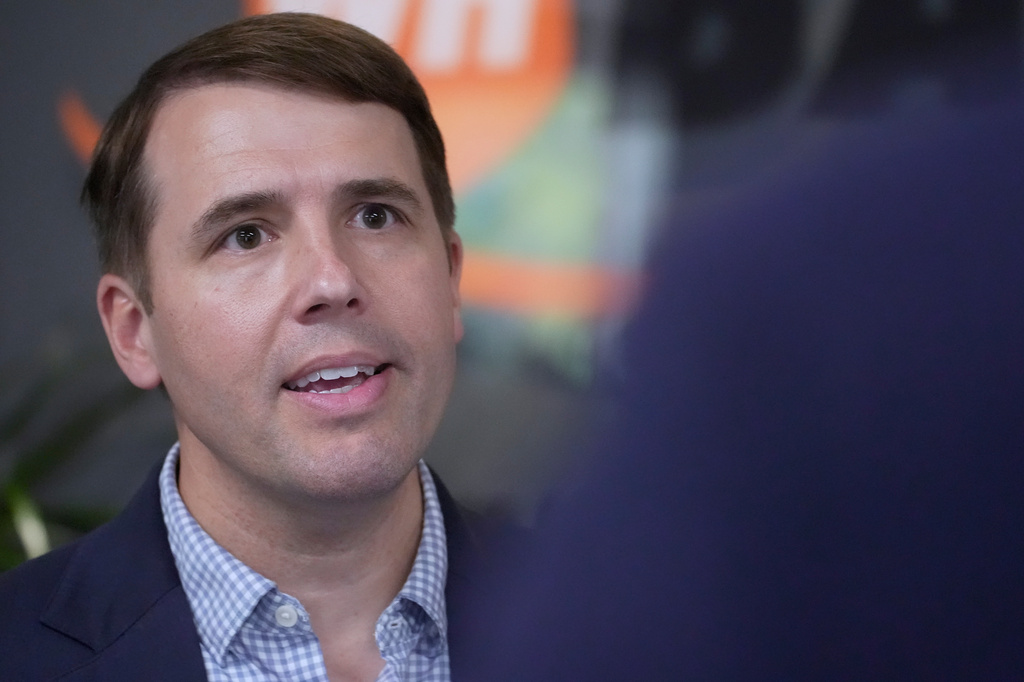 Rep. Chris Pappas, a Democratic candidate for U.S. Senate, speaks to reporters Tuesday, Sept. 29, 2026, in Salem, N.H. (AP Photo/Robert F. Bukaty)