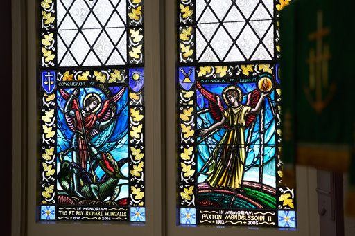 Stained glass with Rev. Richard W. Ingalls' name is displayed at the Mariner's Church in Detroit, Tuesday, Oct. 21, 2025. (AP Photo/Ryan Sun) Stained glass with Rev. Richard W. Ingalls' name is displayed at the Mariner's Church in Detroit, Tuesday, Oct. 21, 2025. (AP Photo/Ryan Sun)