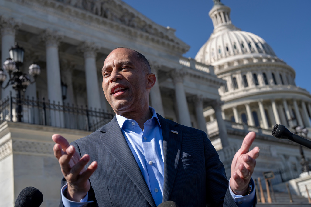 House Minority Leader Hakeem Jeffries, D-N.Y., holds a news conference on the steps of the Capitol in Washington, on the ninth day of the government shutdown, Thursday, Oct. 9, 2025. (AP Photo/J. Scott Applewhite)