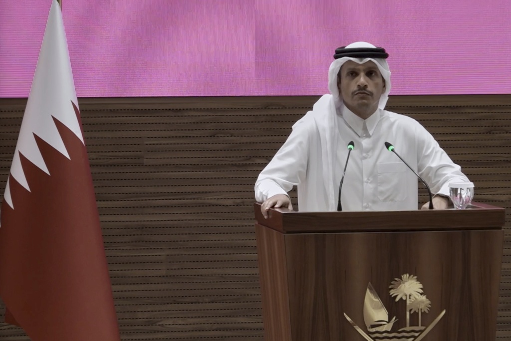 In this framegrab taken from video Qatar Prime Minister and Foreign Minister Sheikh Mohammed bin Abdulrahman bin Jassim Al Thani addresses the press in Doha, Qatar, Tuesday Sept. 9, 2025,(AP Photo)