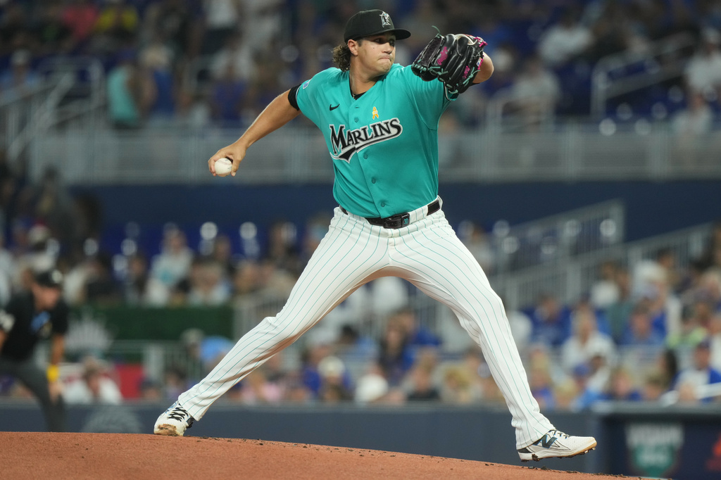 Miami Marlins starting pitcher Tyler Phillips aims a pitch during the first inning of a baseball game against the Chicago Cubs Sunday, Sept. 6, 2026, in Miami. (AP Photo/Marta Lavandier)