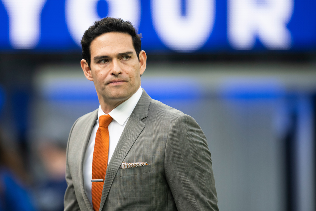 FILE - Mark Sanchez walks on the field before an NFL football game between the Los Angeles Rams and the Jacksonville Jaguars Sunday, Dec. 5, 2021, in Inglewood, Calif. (AP Photo/Kyusung Gong, File)