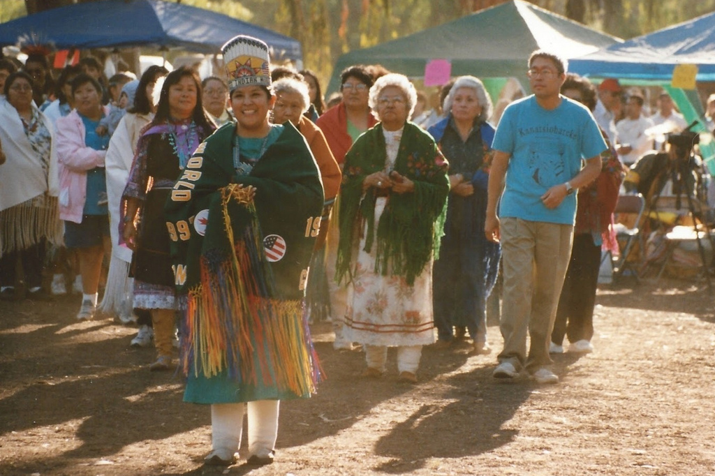This photo provided by Andrew Steven Hansen shows Miss Indian World Shayai Lucero, front left, at the Stanford University Powwow in 1997, in Stanford, Calif. (Andrew Steven Hansen via AP)