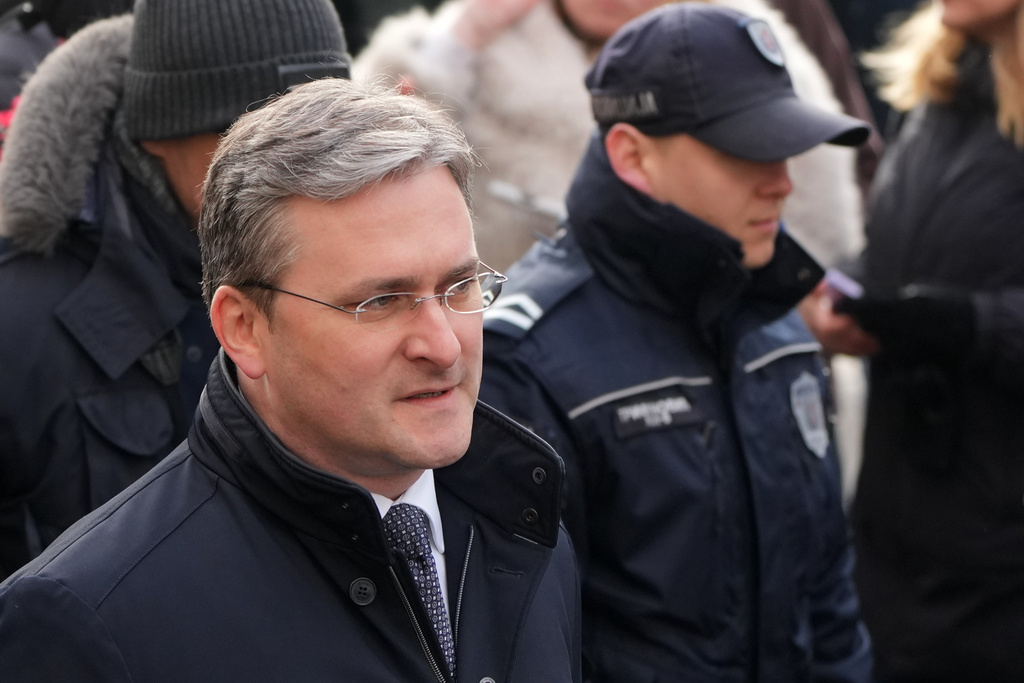 Serbia culture Minister Nikola Selakovic, charged with abuse of office and falsifying of documents to help pave the way for a real estate project that was to be financed by a company of Jared Kushner, U.S. President Donald Trump's son-in-law, arrives in the court building in Belgrade, Serbia, Wednesday, Feb. 4, 2026. (AP Photo/Darko Vojinovic)