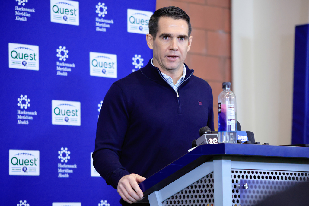 Joe Schoen, senior vice president and general manager of the New York Giants, speaks during an NFL football press conference, Tuesday, Dec. 2, 2025, in East Rutherford, N.J. (AP Photo/Kena Betancur)