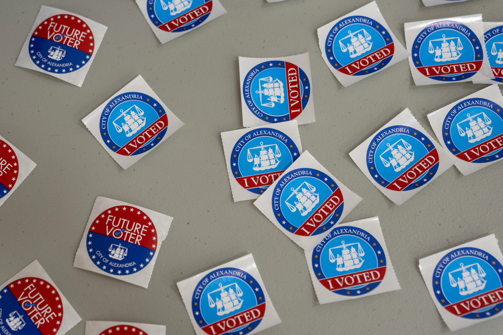 Voting stickers at Lyles-Crouch Traditional Academy during the Virginia primary election, Tuesday, Aug. 4, 2026, in Alexandria, Va. (AP Photo/Allison Robbert)