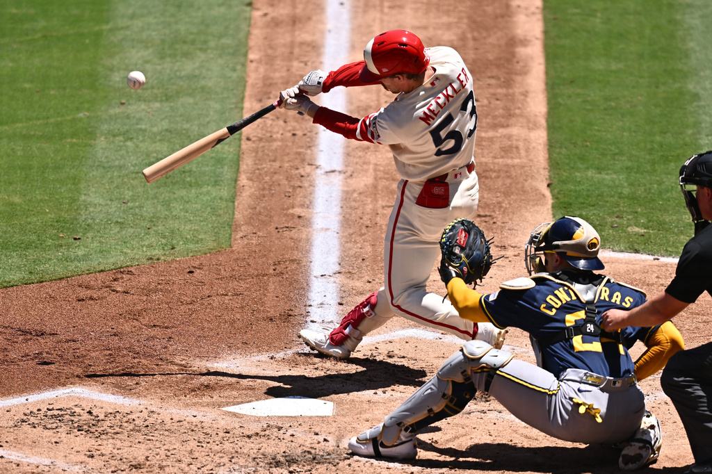 Los Angeles Angels' Wade Meckler, left, hits a two-run home run during the second inning of a baseball game against the Milwaukee Brewers, Sunday, Aug. 2, 2026, in Anaheim, Calif. (AP Photo/William Liang)