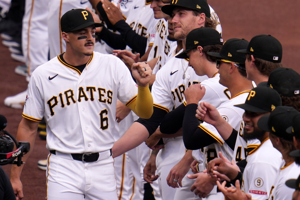 Pittsburgh Pirates' Konnor Griffin (6) is introduced for his major league debut before a baseball game against the Baltimore Orioles in Pittsburgh, Friday, April 3, 2026. (AP Photo/Gene J. Puskar)